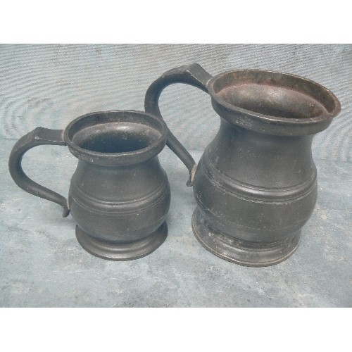 133 - PAIR GRADUATED EARLY 19TH CENTURY GEORGIAN PEWTER TANKARDS , PINT AND HALF PINT WITH GR & VR EXCISE ... 