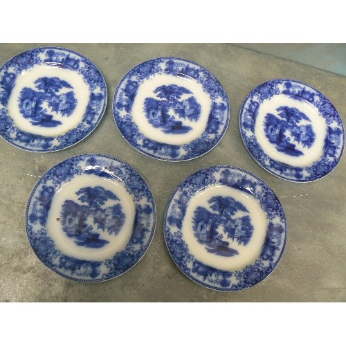 206 - FIVE VICTORIAN FLOW BLUE PLATES 