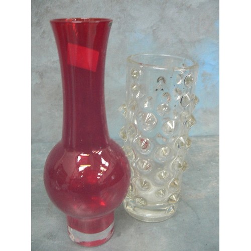 310 - TWO RETRO GLASS VASES INCLUDING A HOBNAIL CYLINDER VASE BY PAVEL PANEK FOR HERMANOVA GLASSWORKS, AND... 