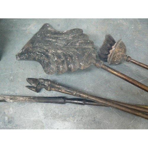 373 - SET OF VICTORIAN STYLE BRASS FIRE IRONS AND A GALLEON HEARTH BRUSH