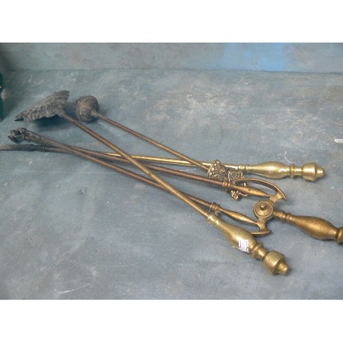 373 - SET OF VICTORIAN STYLE BRASS FIRE IRONS AND A GALLEON HEARTH BRUSH