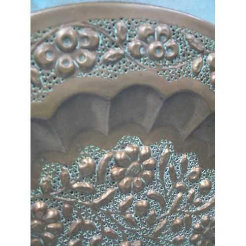 372 - INDIAN COPPER TRAY WITH FLORAL AND PIERCED DECORATION - 47CM DIA