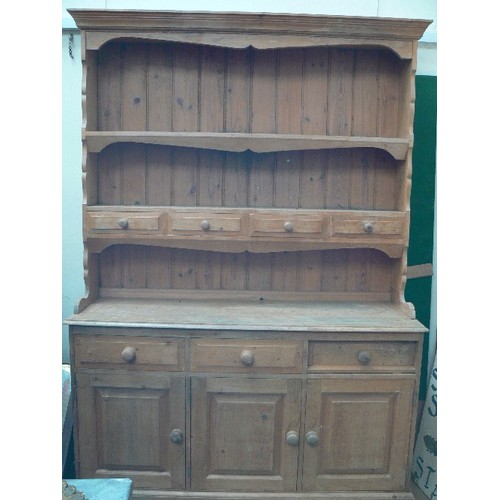 383 - VICTORIAN STYLE PINE KITCHEN DRESSER, THE RACK WITH FOUR SMALL DRAWERS - ALL IN SOLID PINE - 128CM X... 