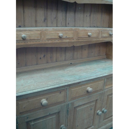 383 - VICTORIAN STYLE PINE KITCHEN DRESSER, THE RACK WITH FOUR SMALL DRAWERS - ALL IN SOLID PINE - 128CM X... 