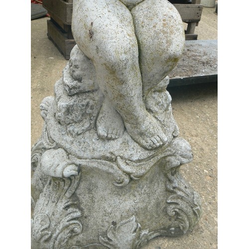 413 - SMALL SIMULATED STONE BIRD BATH ON A CHERUB STAND