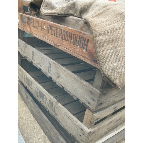 409 - FIVE VINTAGE WOODEN FARM CRATES FROM LOCAL (CAMBS & LINCS) FARMS. INCLUDES BRITISH HORTICULTURAL COM... 