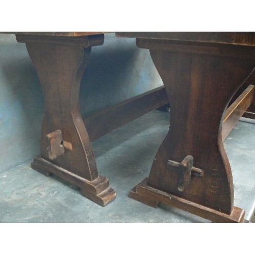 387 - PAIR OF OAK BENCHES - REFECTORY STYLE WITH PEG JOINTS - 90CM L