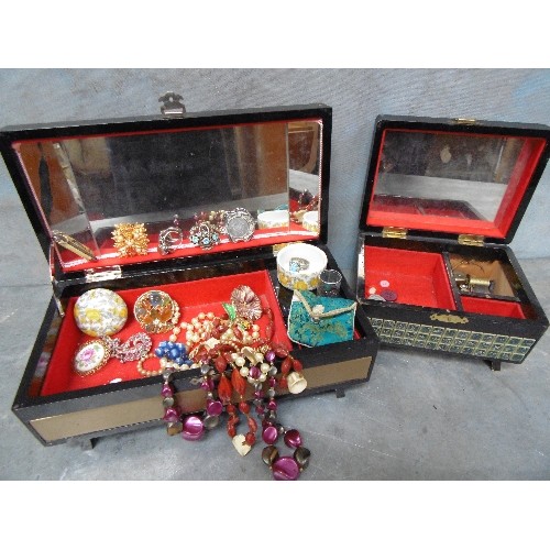 234A - TWO MID CENTURY MUSICAL JEWELLERY BOXES, ONE A JAPANESE MUSICAL BOX WITH FOIL SCENE TO LID AND TILE ... 