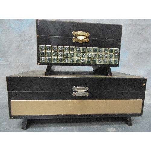 234A - TWO MID CENTURY MUSICAL JEWELLERY BOXES, ONE A JAPANESE MUSICAL BOX WITH FOIL SCENE TO LID AND TILE ... 