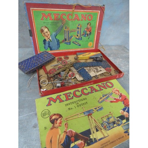 369B - A CIRCA 1950 MECCANO SET, NO 1 OUTFIT WITH PLAYWORN CONTENTS AND A GOOD INSTRUCTION BOOKLET. ALSO A ... 