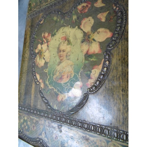 134A - A VICTORIAN PHOTOGRAPH ALBUM, THE COVER WITH UNUSUAL DECOUPAGE TYPE DECORATION AND WITH EMBOSSED VEL... 