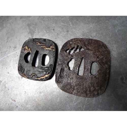 440 - TWO ANTIQUE JAPANESE TSUBA IRON SWORD GUARDS. ONE WITH AN ENGRAVED SCENE OF MOUNT FUJI, THE OTHER WI... 