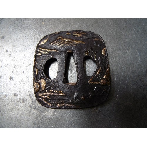 440 - TWO ANTIQUE JAPANESE TSUBA IRON SWORD GUARDS. ONE WITH AN ENGRAVED SCENE OF MOUNT FUJI, THE OTHER WI... 