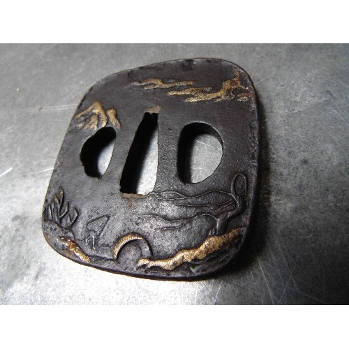 440 - TWO ANTIQUE JAPANESE TSUBA IRON SWORD GUARDS. ONE WITH AN ENGRAVED SCENE OF MOUNT FUJI, THE OTHER WI... 