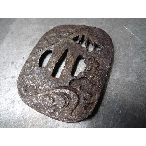 440 - TWO ANTIQUE JAPANESE TSUBA IRON SWORD GUARDS. ONE WITH AN ENGRAVED SCENE OF MOUNT FUJI, THE OTHER WI... 