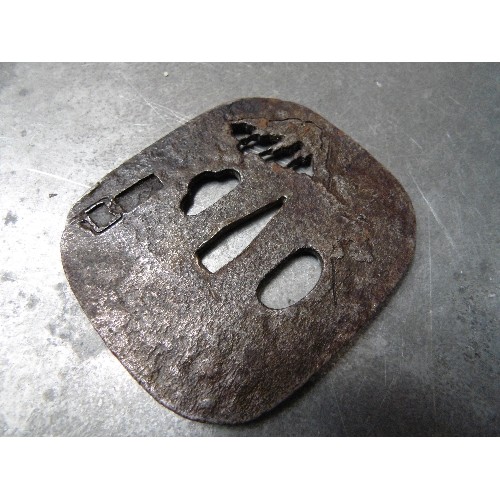 440 - TWO ANTIQUE JAPANESE TSUBA IRON SWORD GUARDS. ONE WITH AN ENGRAVED SCENE OF MOUNT FUJI, THE OTHER WI... 