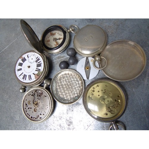 67C - TUB OF VINTAGE POCKET WATCHES AND PARTS, SOME MILITARY WITH BROAD ARROW MARKS ON BACK PLATES AND ANO... 