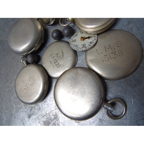 67C - TUB OF VINTAGE POCKET WATCHES AND PARTS, SOME MILITARY WITH BROAD ARROW MARKS ON BACK PLATES AND ANO... 