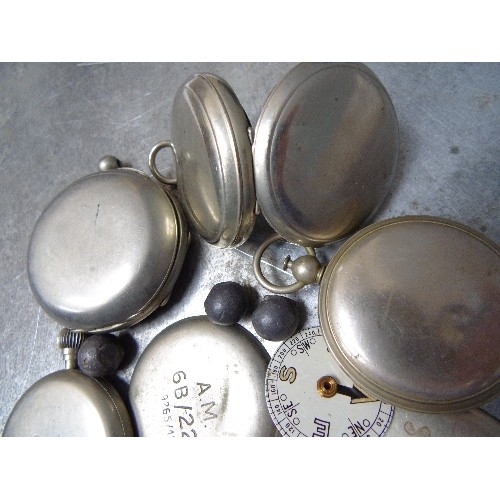 67C - TUB OF VINTAGE POCKET WATCHES AND PARTS, SOME MILITARY WITH BROAD ARROW MARKS ON BACK PLATES AND ANO... 