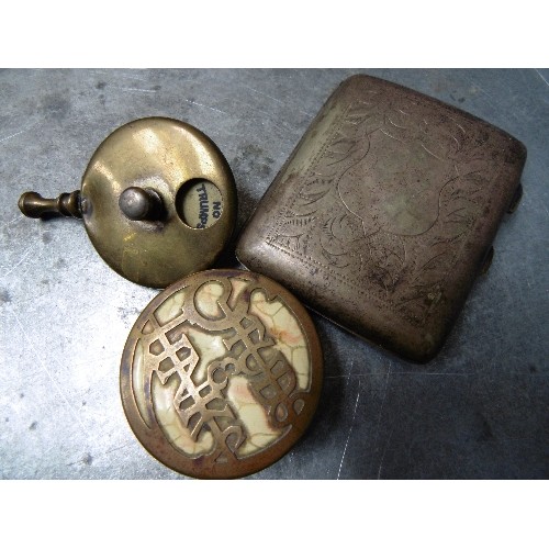 75C - A SILVER PLATED CIGARETTE CASE, A BRASS WHIST MARKER AND A PIERCED BRASS 