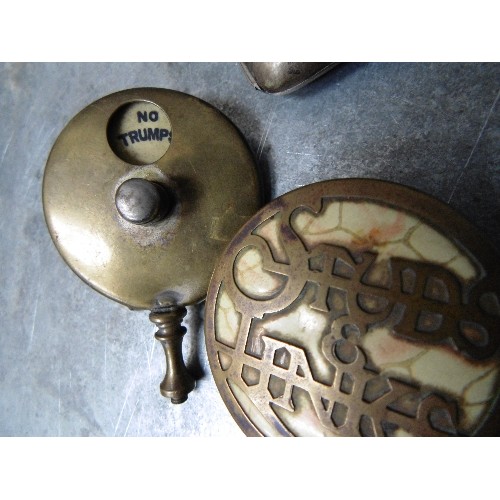 75C - A SILVER PLATED CIGARETTE CASE, A BRASS WHIST MARKER AND A PIERCED BRASS 