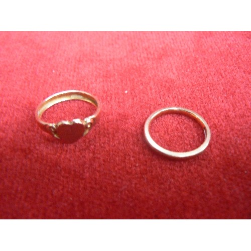 53 - TWO 9ct GOLD RINGS, ONE A WEDDING BAND SIZE J THE OTHER WITH HEART SIZE K WEIGHT 2.53g