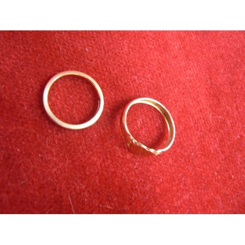 53 - TWO 9ct GOLD RINGS, ONE A WEDDING BAND SIZE J THE OTHER WITH HEART SIZE K WEIGHT 2.53g