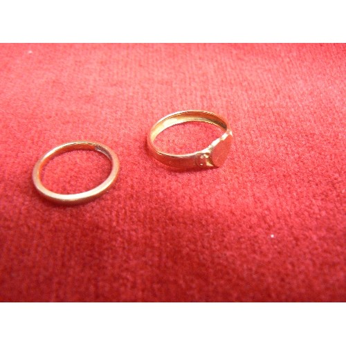 53 - TWO 9ct GOLD RINGS, ONE A WEDDING BAND SIZE J THE OTHER WITH HEART SIZE K WEIGHT 2.53g