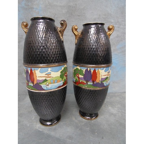 188A - AN UNUSUAL PAIR OF 1930'S ART DECO VASES BY SAYER POTTERY LONGTON, STAFFS. IN BLACK RIBBED DESIGN WI... 