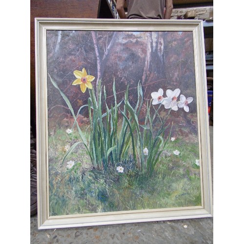 154D - A 20TH CENTURY OIL ON BOARD OF FLOWERS ON THE EDGE OF A WOOD ENTITLED 