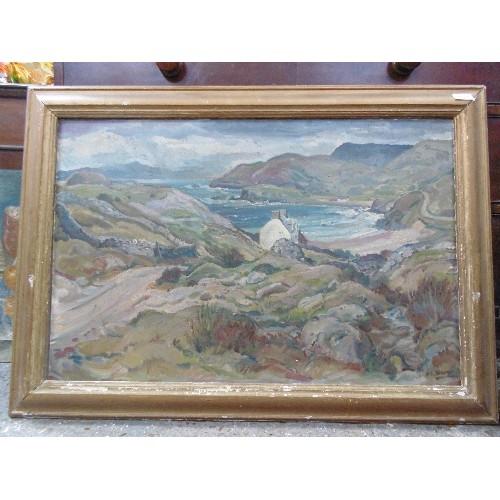 154C - A LARGE OIL PAINTING ON BOARD OF A BRITISH COASTAL SCENE - POSSIBLY SCOTTISH COAST. SIGNED BY THE AR... 