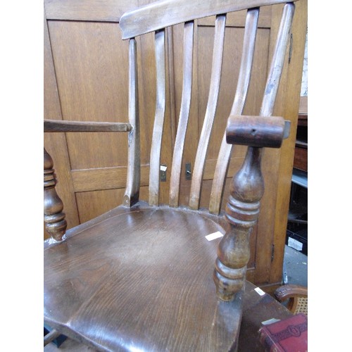 421 - VICTORIAN GRANDFATHER KITCHEN CHAIR WITH LATHE BACK AND ELM SEAT