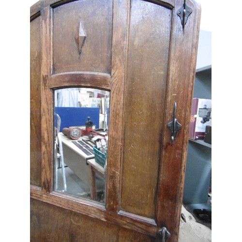 429 - 1930'S OAK HALL STAND WITH BOX SEAT AND COAT HOOKS, WITH MIRROR TO BACK PANEL