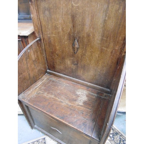 429 - 1930'S OAK HALL STAND WITH BOX SEAT AND COAT HOOKS, WITH MIRROR TO BACK PANEL