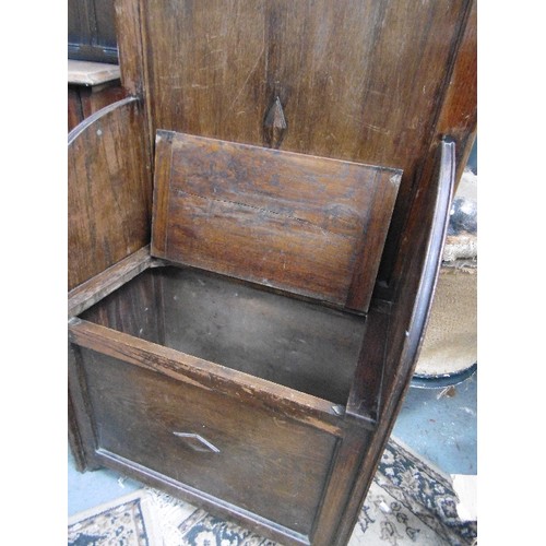 429 - 1930'S OAK HALL STAND WITH BOX SEAT AND COAT HOOKS, WITH MIRROR TO BACK PANEL