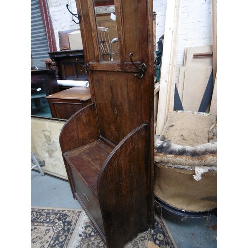 429 - 1930'S OAK HALL STAND WITH BOX SEAT AND COAT HOOKS, WITH MIRROR TO BACK PANEL