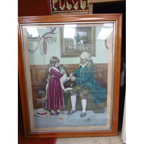 165 - A VICTORIAN LITHOGRAPH OF A FAMILY CARING FOR AN INJURED DOG, IN ORIGINAL MAPLE WOOD FRAME - 56CM X ... 