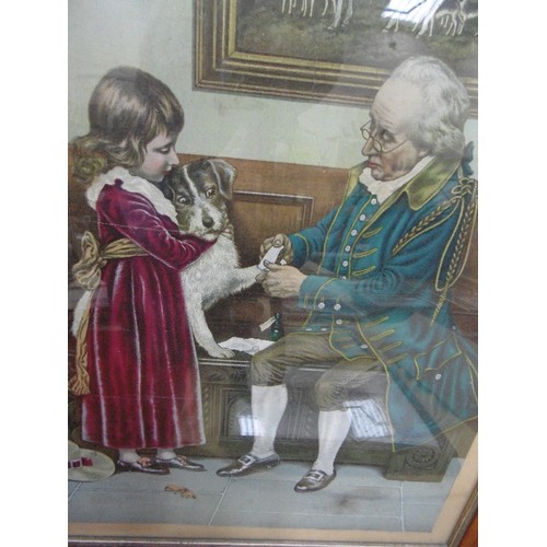 165 - A VICTORIAN LITHOGRAPH OF A FAMILY CARING FOR AN INJURED DOG, IN ORIGINAL MAPLE WOOD FRAME - 56CM X ... 