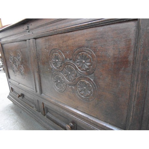 361 - AN EARLY 18TH CENTURY OAK MULE CHEST WITH PANELLED TOP AND SIDES, THE FRONT PANELS WITH ORIGINALCARV... 