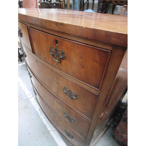 368 - 19TH CENTURY MAHOGANY VENEERED BOW FRONTED CHEST 0F 5 DRAWERS - 88CM X 50CM X 97CM