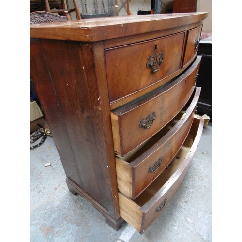 368 - 19TH CENTURY MAHOGANY VENEERED BOW FRONTED CHEST 0F 5 DRAWERS - 88CM X 50CM X 97CM