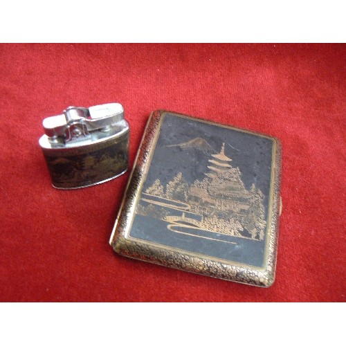 77 - A VINTAGE JAPANESE CIGARETTE CASE AND LIGHTER IN THE NIELLO FORM OF DECORATION