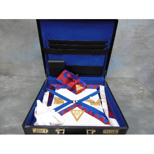 138 - MASONIC REGALIA, APRON, GLOVES, SASH, IN A BLACK CASE