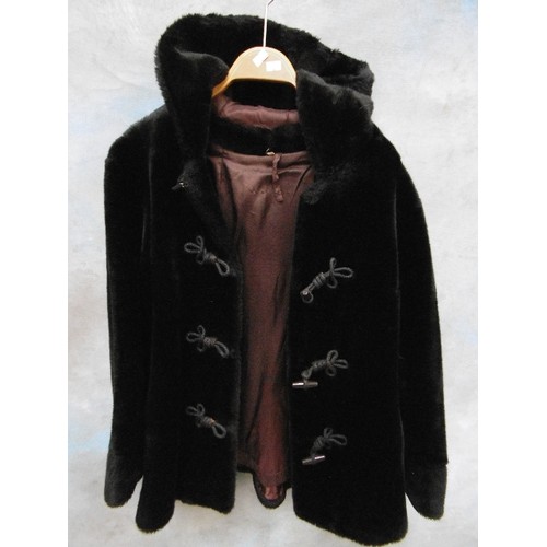 347F - VINTAGE BLACK RUSSIAN STYLE MEDIUM LENGTH FAUX FUR COAT WITH TOGGLES AND HOOD - DUNBAR FABRIC