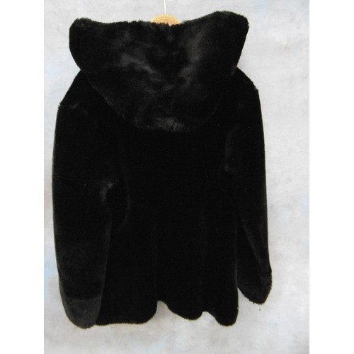 347F - VINTAGE BLACK RUSSIAN STYLE MEDIUM LENGTH FAUX FUR COAT WITH TOGGLES AND HOOD - DUNBAR FABRIC