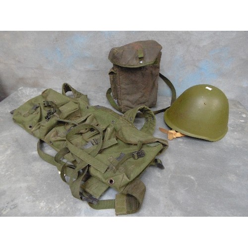 460 - A USSR MILITARY HELMET TOGETHER WITH A GREEN CANVAS AMMO POUCH AND A SMALL MILITARY BAG