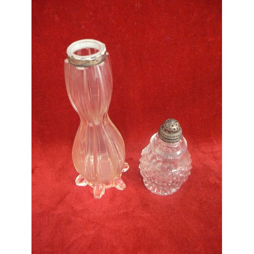 11 - EDWARDIAN GLASS STEM VASE WITH STERLING SILVER RIM, LONDON HALLMARK AND A CUT GLASS SUGAR CASTER WIT... 