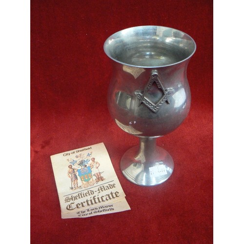 138C - A PEWTER MASONIC WINE GOBLET BY PINDER BROTHERS SHEFFIELD, WITH A CERTIFICATE