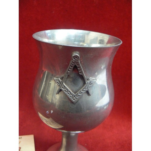 138C - A PEWTER MASONIC WINE GOBLET BY PINDER BROTHERS SHEFFIELD, WITH A CERTIFICATE