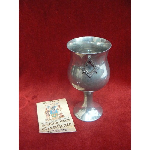 138C - A PEWTER MASONIC WINE GOBLET BY PINDER BROTHERS SHEFFIELD, WITH A CERTIFICATE